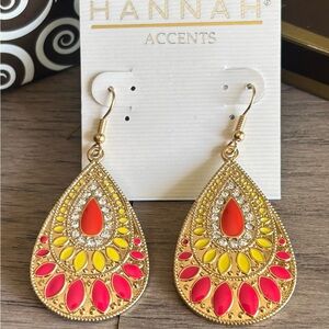 Stunning Gold Teardrop Earrings with Red & Yellow Enamel